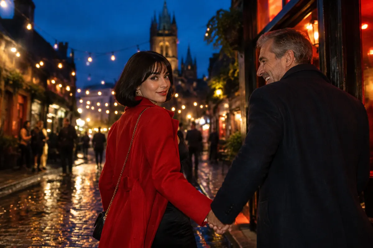 Illustrative image: a young woman in a red coat leading a laughing silver-haired man down Ashton Lane, Glasgow, at night