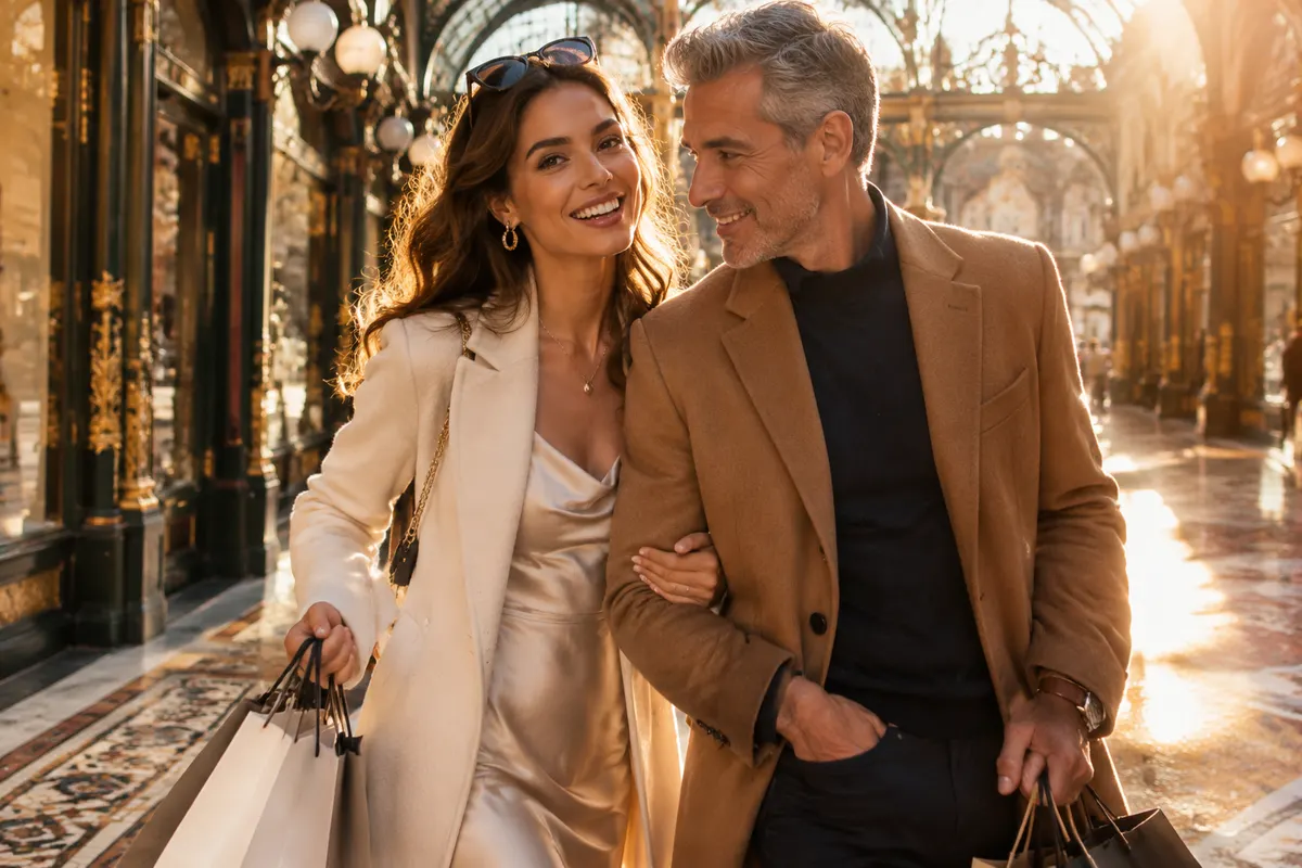 Illustrative image: a couple with shopping bags walking through an ornate Victorian arcade in Leeds