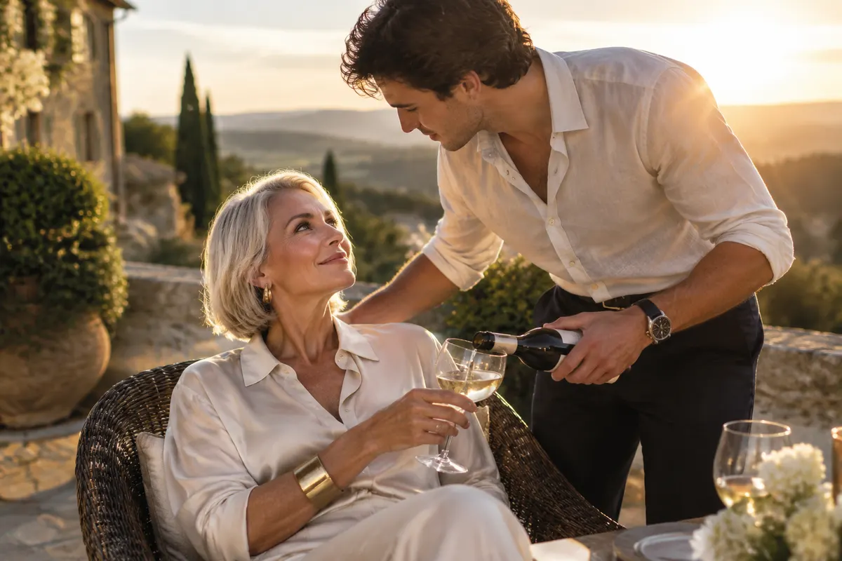 Illustrative image: an elegant woman in her fifties watching a younger man refill her wine glass on a hotel terrace