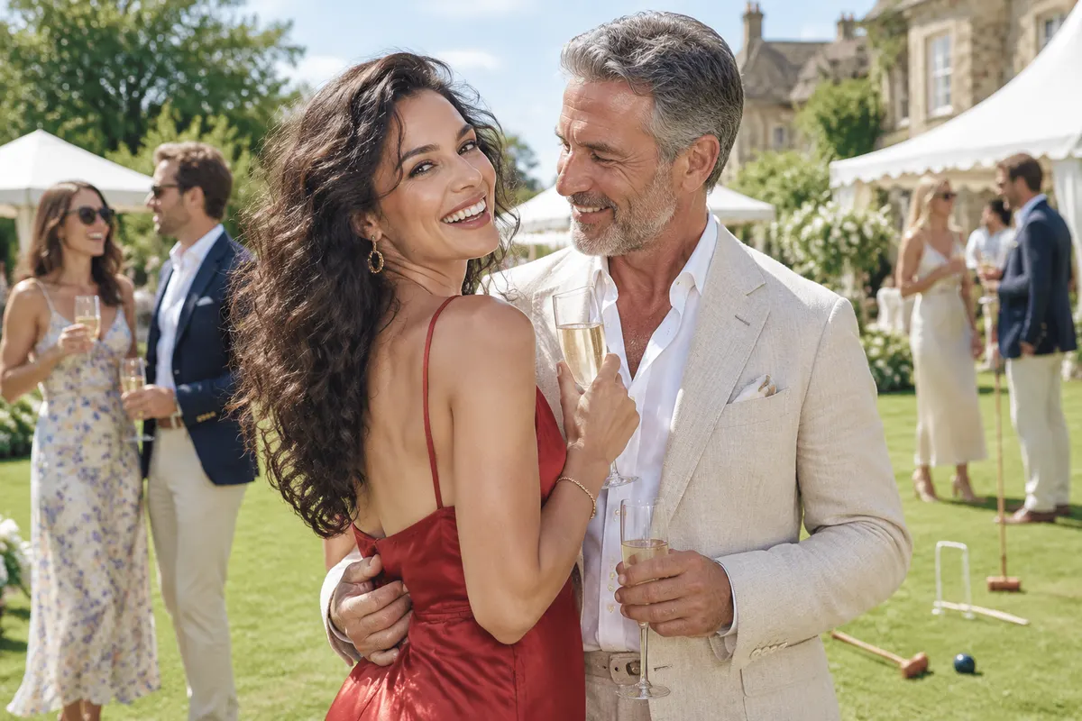 Illustrative image: a sunny garden party, a young woman in a red silk dress laughing towards the camera beside a man in a linen suit